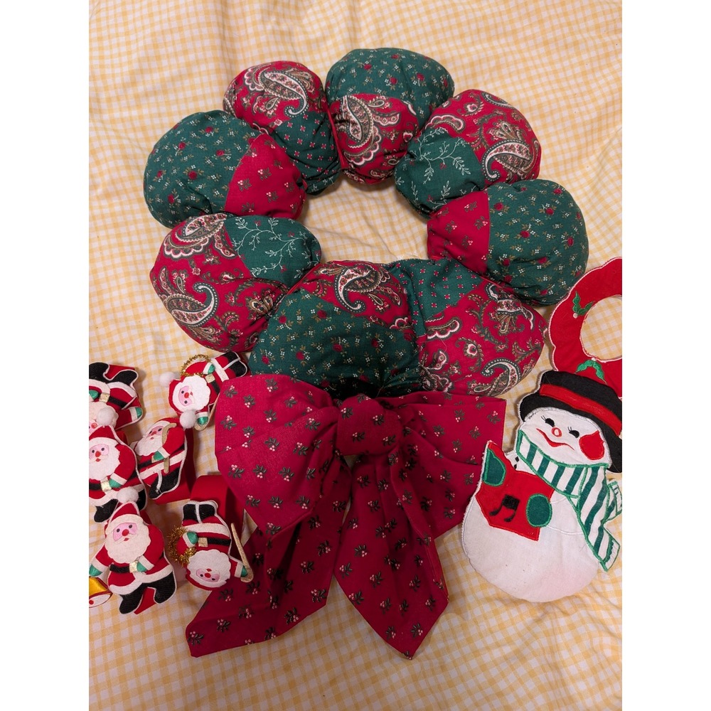 Vintage Christmas Decor Bundle Fabric Puff Wreath Santa Napkin Rings Snowman